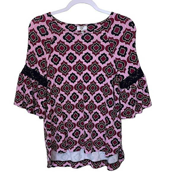 𝅺CROWN & Ivy Pink and Burgundy Print Statement Sleeve Top Size Petite Medium - Picture 1 of 6